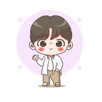 Cute boy waving hand cartoon character. Korean style fashion. People expression concept design. Chibi illustration. Isolated white background vector