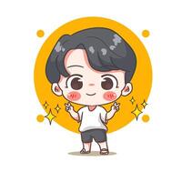 Cute boy posing peace hand wearing tee shirt cartoon character. Korean style fashion. People expression concept design. Chibi illustration. Isolated white background vector