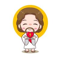 Cute Jesus Christ cartoon character with love heart. Hand drawn Chibi character, clip art, sticker, isolated white background. Christian Bible for kids. Mascot logo icon art illustration vector
