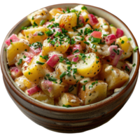 Traditional salad of salted herring fillet, fresh apples, red onion and potatoes without background png