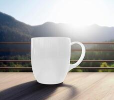 cup of coffee on top of a wooden table photo