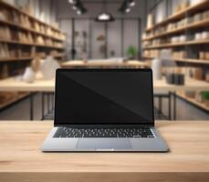 Laptop on wooden Table photo