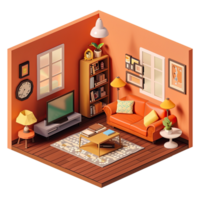 cute Isometric diorama of a living room without background png