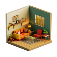 cute Isometric diorama of a living room without background png