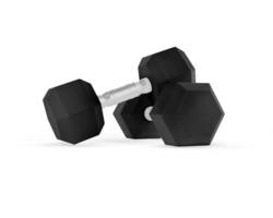 hexagonal rubberized dumbbells on white background photo