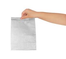 mano participación un papel Kraft bolso en blanco antecedentes foto