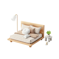 dormitorio con grande cama y blanco cama lino, moderno elegante cama aislado en transparente antecedentes png
