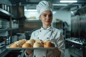 Woman Holding Tray of Bread in Kitchen. photo