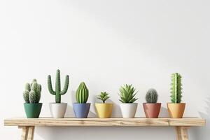 Row of Potted Plants on Wooden Shelf. photo