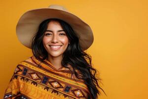 mujer vistiendo sombrero y frazada. foto