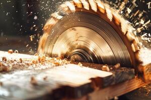 Person Using Circular Saw to Cut Wood. photo