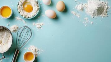 Wooden Table With Eggs and Whisk. photo