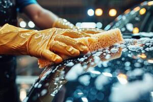 Person Washing Car With Yellow Glove. photo