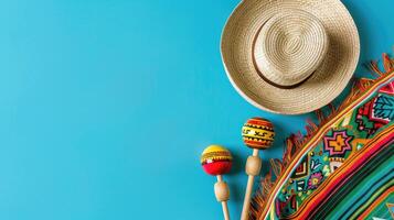 sombrero, maracas, en azul. foto