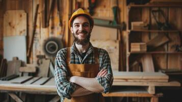 Man Standing With Arms Crossed in Workshop. photo