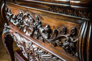 Close Up of a Carved Wooden Table. photo