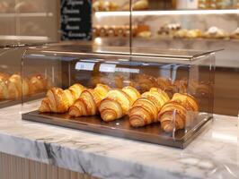 Display Case Filled With Croissants and Pastries. photo