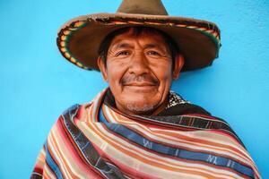 Man Wearing Sombrero and Striped Blanket. photo