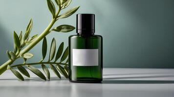 Cosmetics bottle on light background with green leaves. Organic natural ingredients beauty product. Skin care, beauty and spa product presentation photo