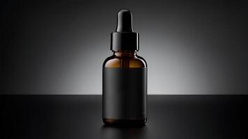 Black glass serum dropper bottle on black background. Cosmetic oil pipette drop container, beauty product vial. Natural face treatment. Beauty and body care product concept. photo