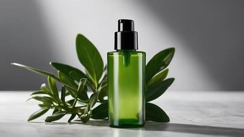 Cosmetics bottle on light background with green leaves. Organic natural ingredients beauty product. Skin care, beauty and spa product presentation photo