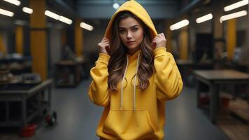 a woman in a yellow hoodie standing in a factory photo