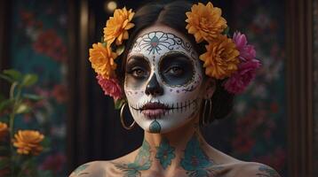 un mujer con un azúcar cráneo cara y flores en su cabeza foto