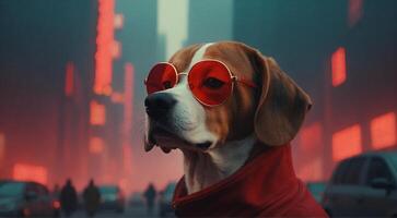 a dog wearing red sunglasses in the city photo