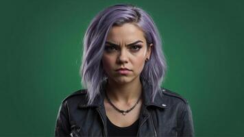 a angry looking woman with purple hair and a black jacket photo