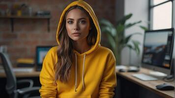 a woman in a yellow hoodie sitting in front of a computer photo