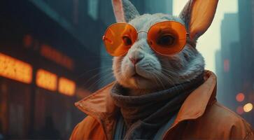 a rabbit wearing orange sunglasses and an orange coat photo