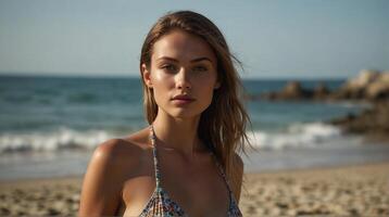 un hermosa joven mujer en un bikini en el playa foto