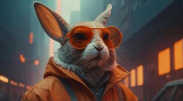 a rabbit wearing orange sunglasses and an orange jacket photo