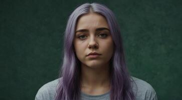 a sad looking woman with purple hair photo