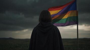 cloaked woman stands in front of a rainbow flag, stormy weather background photo