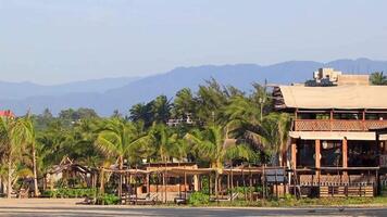 Puerto Escondido Oaxaca Mexico 2022 People parasols bars restaurants loungers beach palms Zicatela Mexico. video