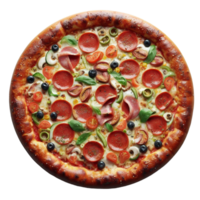Pizza con peperoni, olive e nero olive su trasparente sfondo png