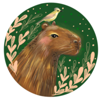 Cute capybara character with a bird and leaves. Children illustration for cards, design, t shirt, print. png