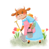 Cute cow character as a vintage gardener is holding a bucket, planting a tree. Spring garden work children hand drawn illustration on a transparent background. png