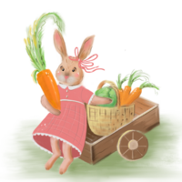 linda Conejo personaje como un Clásico jardinero es participación un cesta con verduras, sentado en un jardín carro. primavera jardín trabajo niños mano dibujado ilustración en un transparente antecedentes. png