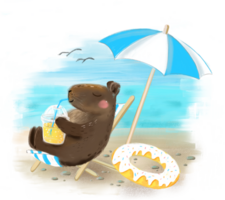 Summer colorful cute capybara on a beach in chaise lounge with lemonade and umbrella, swimming circle as a donut. Seaside holiday vacation travel children print, poster, card or background. png