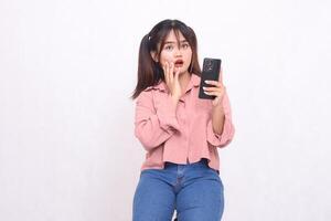 Business, finance and work Improvement projects successful Asian businessman cheerful professional stylish woman holding mobile phone shocked looking at camera on white background photo