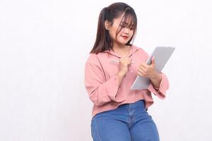 Business, finance and work Improvement projects successful Asian businessman cheerful stylish professional woman using laptop smiling operating notebook looking at notebook on white background photo