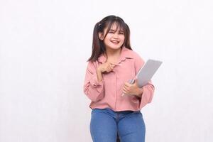 Business, finance and work Improvement projects successful Asian businessman cheerful professional stylish woman using laptop holding notebook pointing to notebook looking at camera on white photo