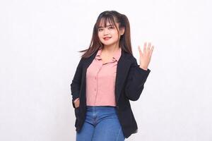 Beautiful Asian businesswoman in suit smiling hand pointing number 4 upright white background studio portrait for advertising materials, banners, billboards, job vacancies, business opportunities photo