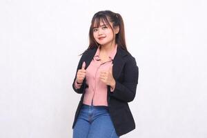 Beautiful happy Asian office woman in her 20s smiling wearing suit shirt working professional right sideways both hands thumbs up sign on white background studio portrait for banner, banner, billboard photo