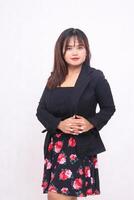 Beautiful Asian Indonesian girl in suit, casual skirt, professional office, happy, right sided, formal with white background for promotion, advertising, banner full photo