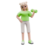 3d render illustration of girl stand with a green dumbbell. sports activities, a healthy lifestyle concept. trendy cartoon style 3D illustration png