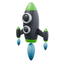 3d geven illustratie van raket vlieg omhoog in zwart en groen kleuren en blauw vlam. launch, begin omhoog en toenemen strategie concept. modieus tekenfilm stijl 3d illustratie png