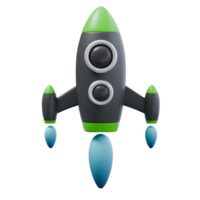 3d render illustration of rocket fly in black and green colors and blue flame. launch, start up and grow strategy concept. trendy cartoon style 3D illustration png